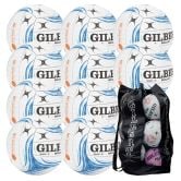10 x Gilbert Bullet Netball Bundle White/Blue Plus Gilbert Ball Sack