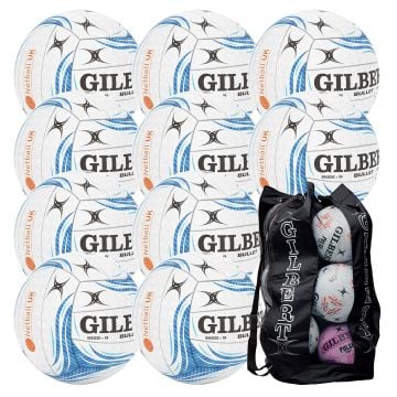 10 x Gilbert Bullet Netball Bundle White/Blue Plus Gilbert Ball Sack